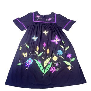 Vintage Bechamel Mu Mu Patio House Dress Midi Flowers Butterfly Black Colorful